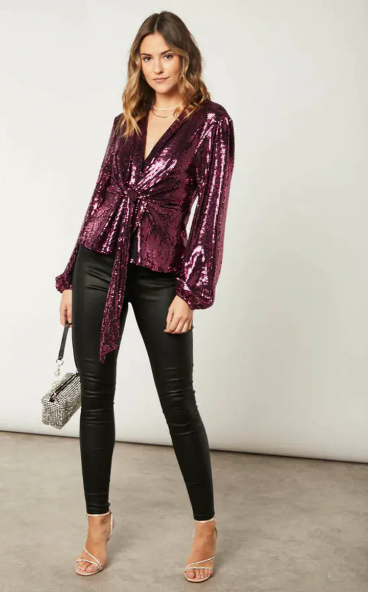 Jemima Burgundy Sequin Front Knot Kimono Long Sleeve Blouse