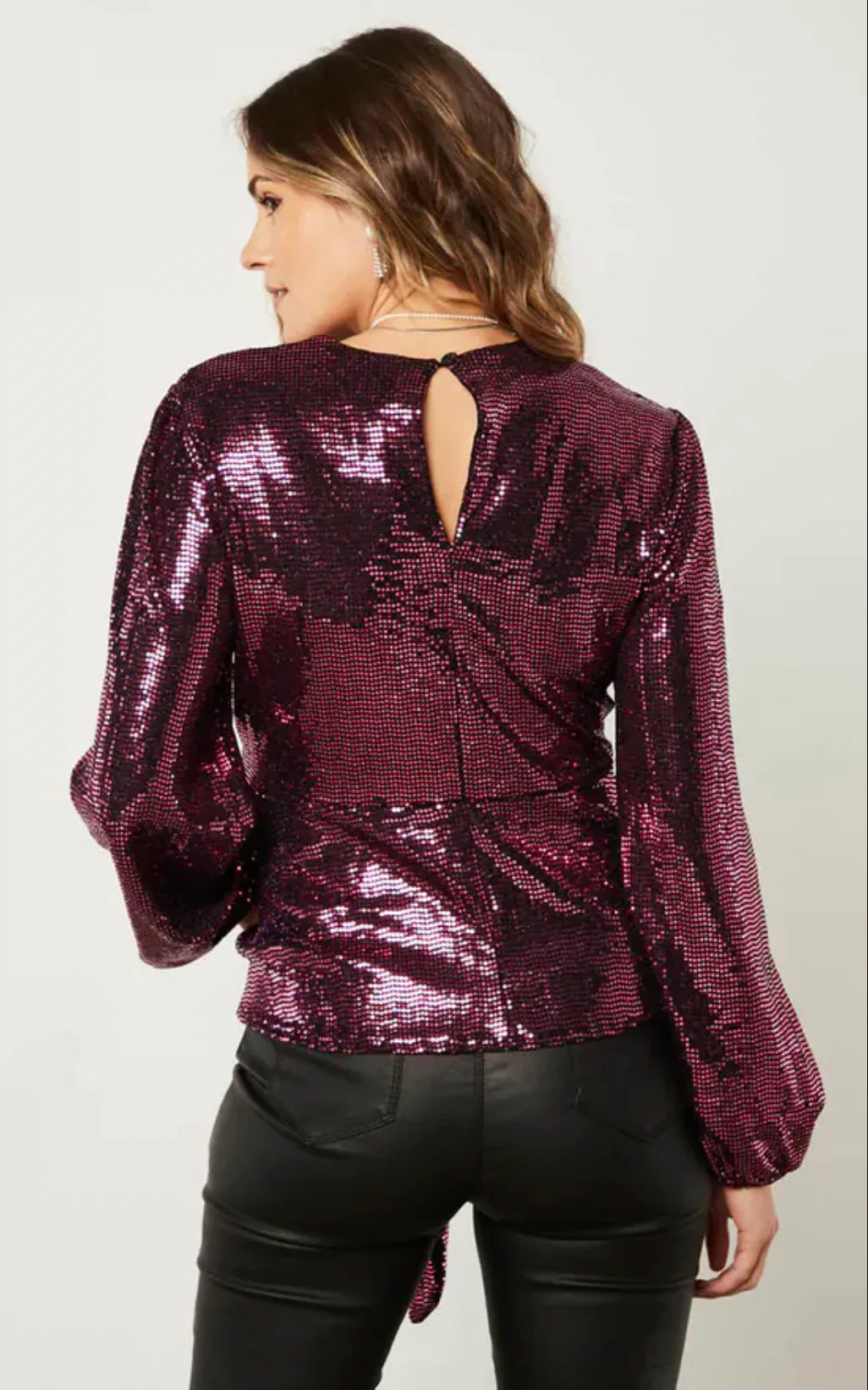Jemima Burgundy Sequin Front Knot Kimono Long Sleeve Blouse