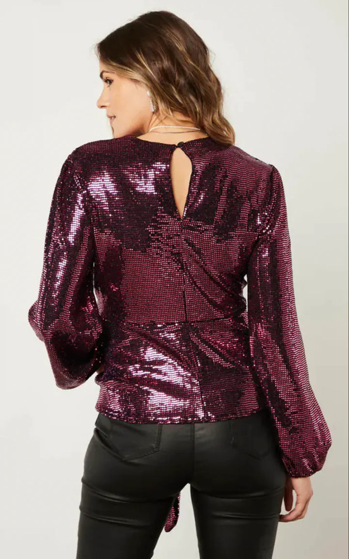 Jemima Burgundy Sequin Front Knot Kimono Long Sleeve Blouse