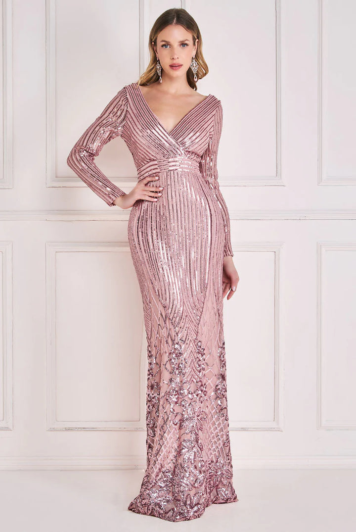 All Night Long Sleeve Sequin Blush Pink Bodycon Maxi Dress TALL - BY GODDIVA