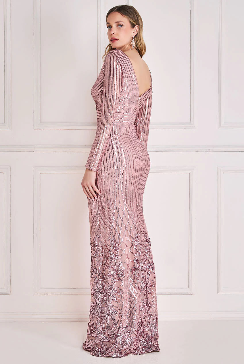 All Night Long Sleeve Sequin Blush Pink Bodycon Maxi Dress TALL - BY GODDIVA