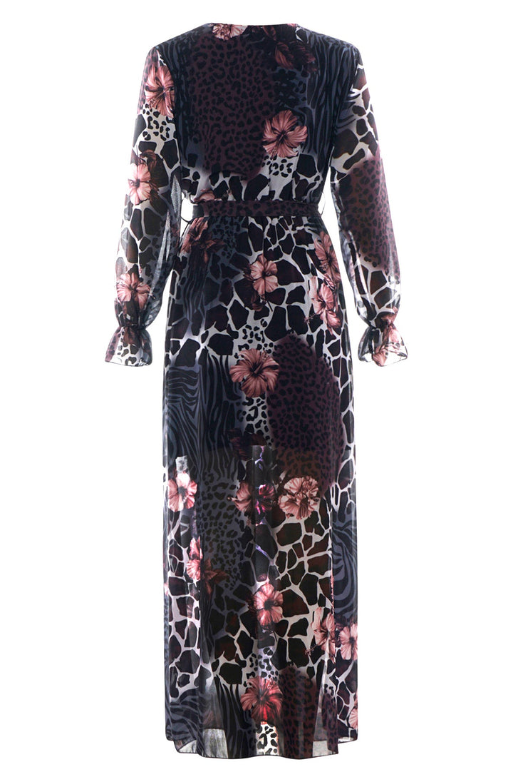 Thandie Black & Pink Animal Print Floral Chiffon Belted Long Sleeve Maxi Dress 2 LENGTHS