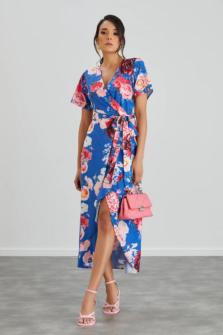 Flirtatious Short Sleeve Belted Cobalt Blue Floral Midi/Maxi Wrap Dress
