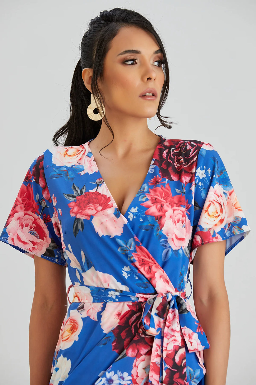 Flirtatious Short Sleeve Belted Cobalt Blue Floral Midi/Maxi Wrap Dress