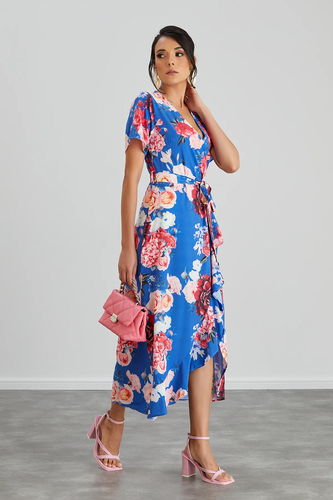 Flirtatious Short Sleeve Belted Cobalt Blue Floral Midi/Maxi Wrap Dress