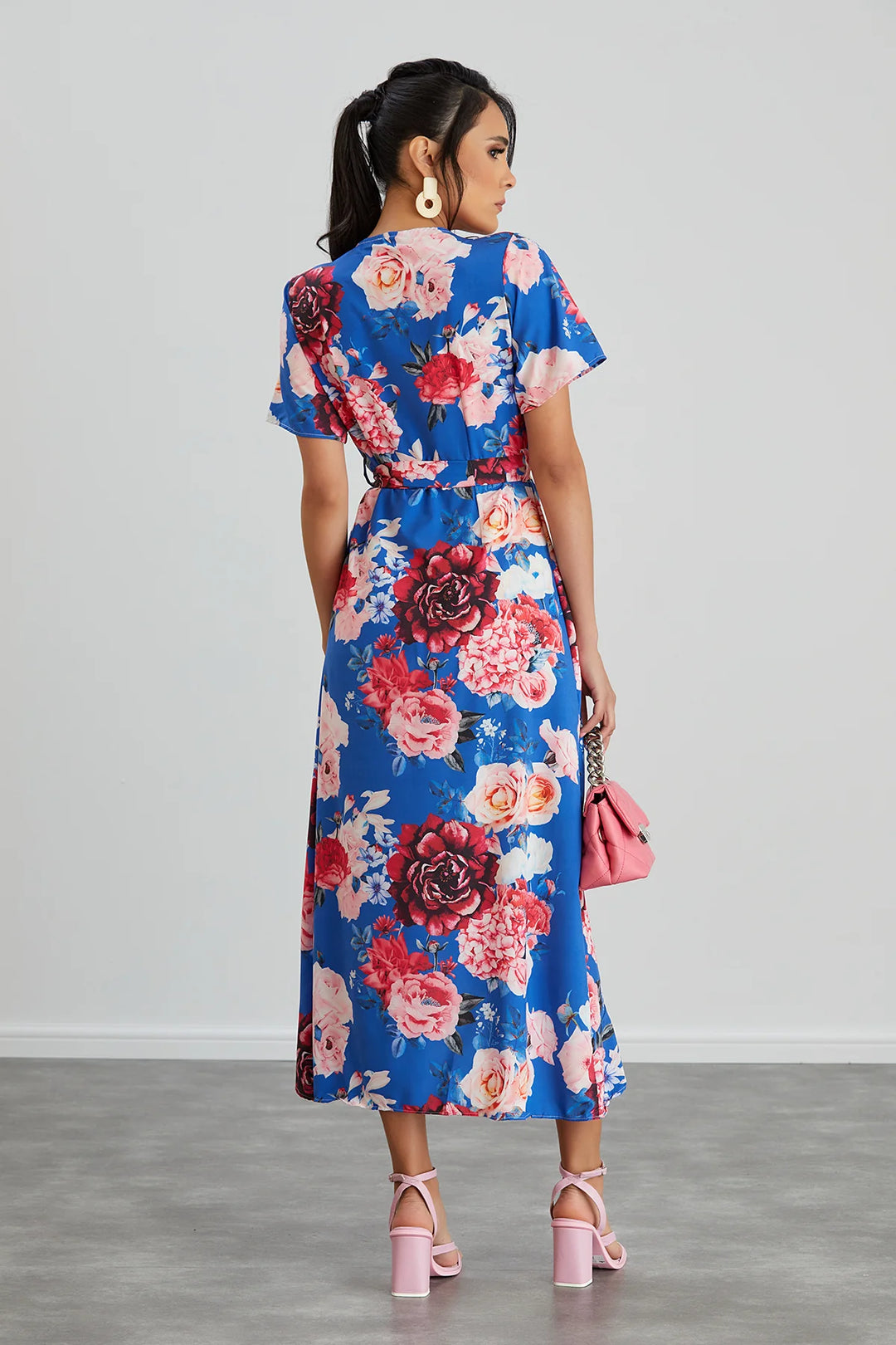 Flirtatious Short Sleeve Belted Cobalt Blue Floral Midi/Maxi Wrap Dress