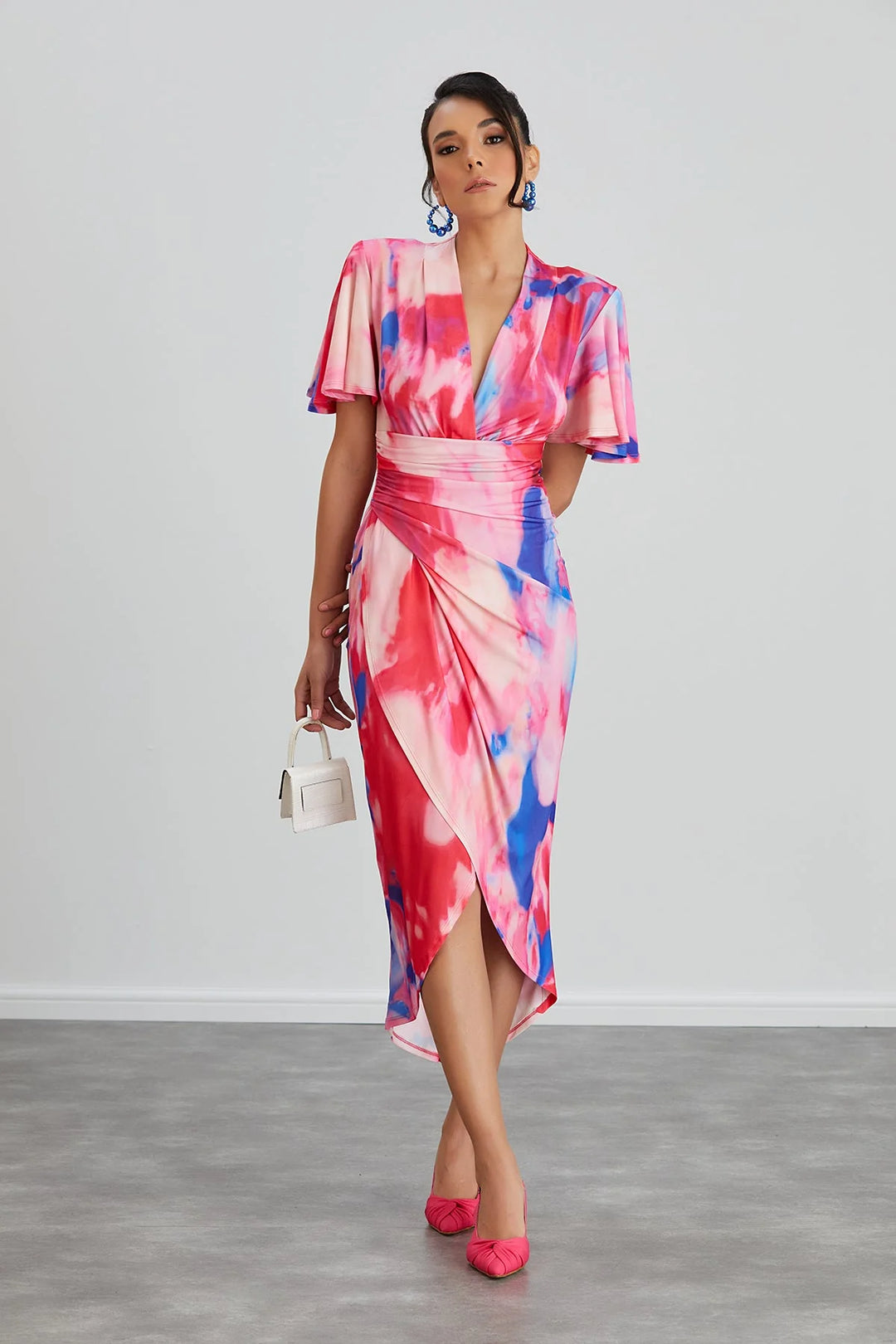 Manhattan Pink Abstract Angel Sleeve Bodycon Midi Dress