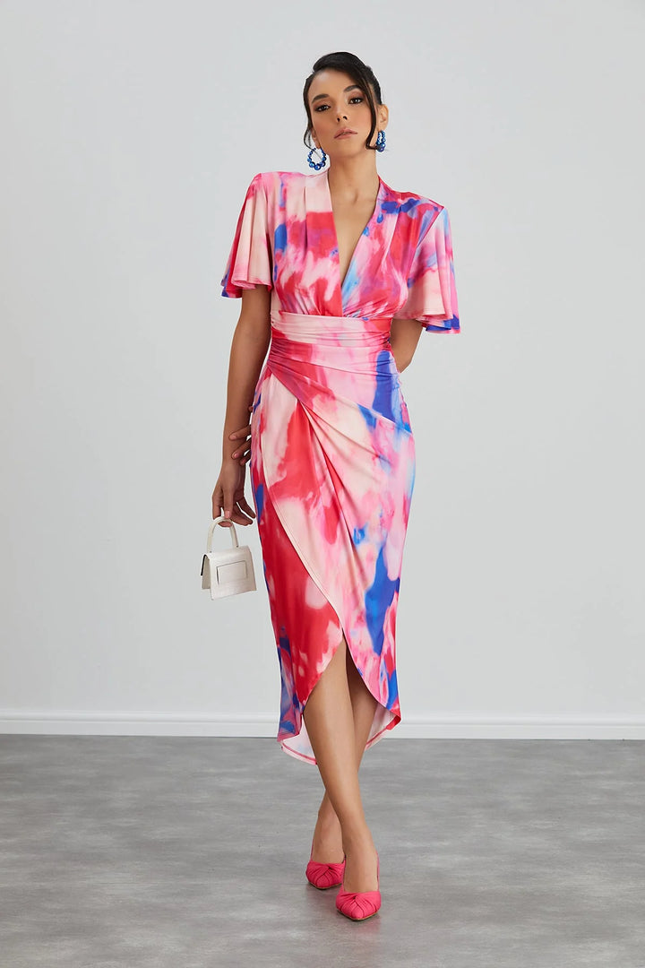 Manhattan Pink Abstract Angel Sleeve Bodycon Midi Dress