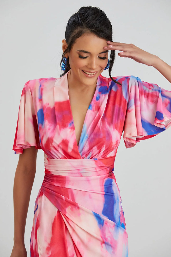 Manhattan Pink Abstract Angel Sleeve Bodycon Midi Dress