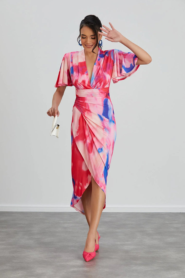 Manhattan Pink Abstract Angel Sleeve Bodycon Midi Dress