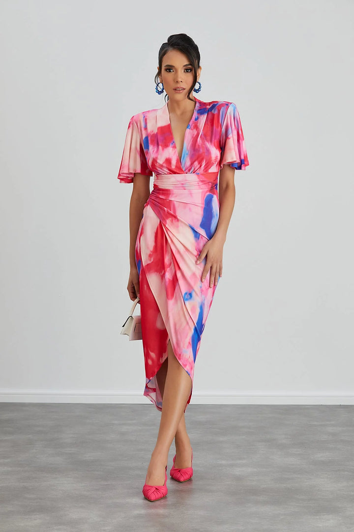 Manhattan Pink Abstract Angel Sleeve Bodycon Midi Dress