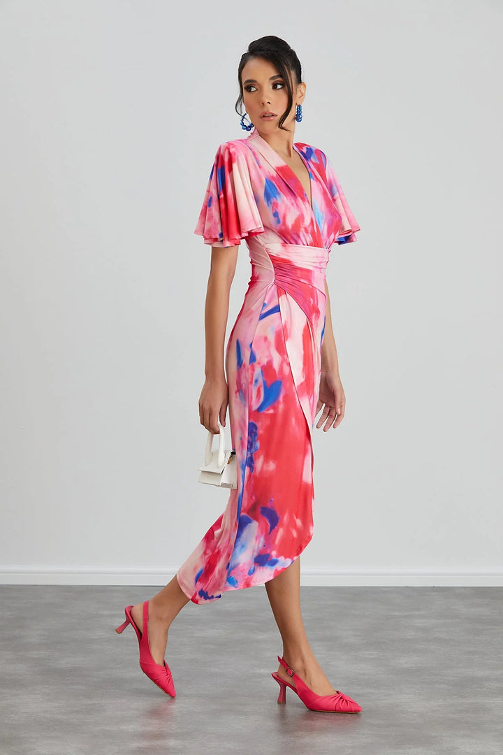 Manhattan Pink Abstract Angel Sleeve Bodycon Midi Dress