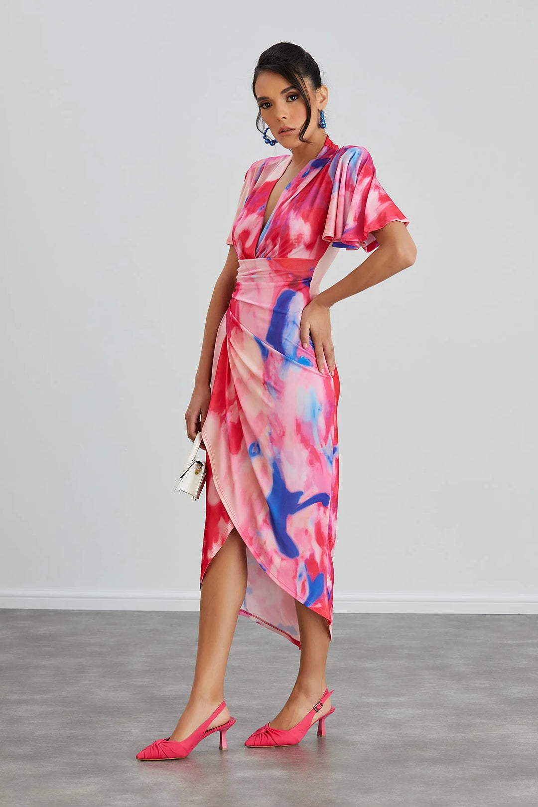 Manhattan Pink Abstract Angel Sleeve Bodycon Midi Dress