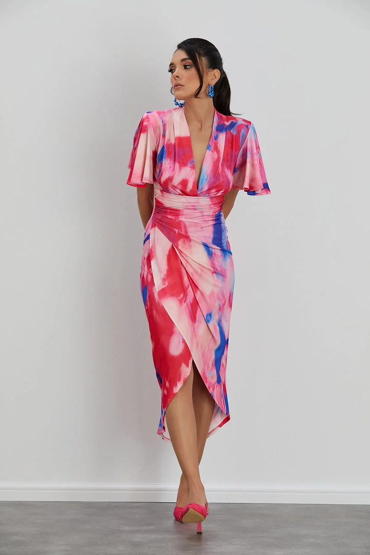 Manhattan Pink Abstract Angel Sleeve Bodycon Midi Dress