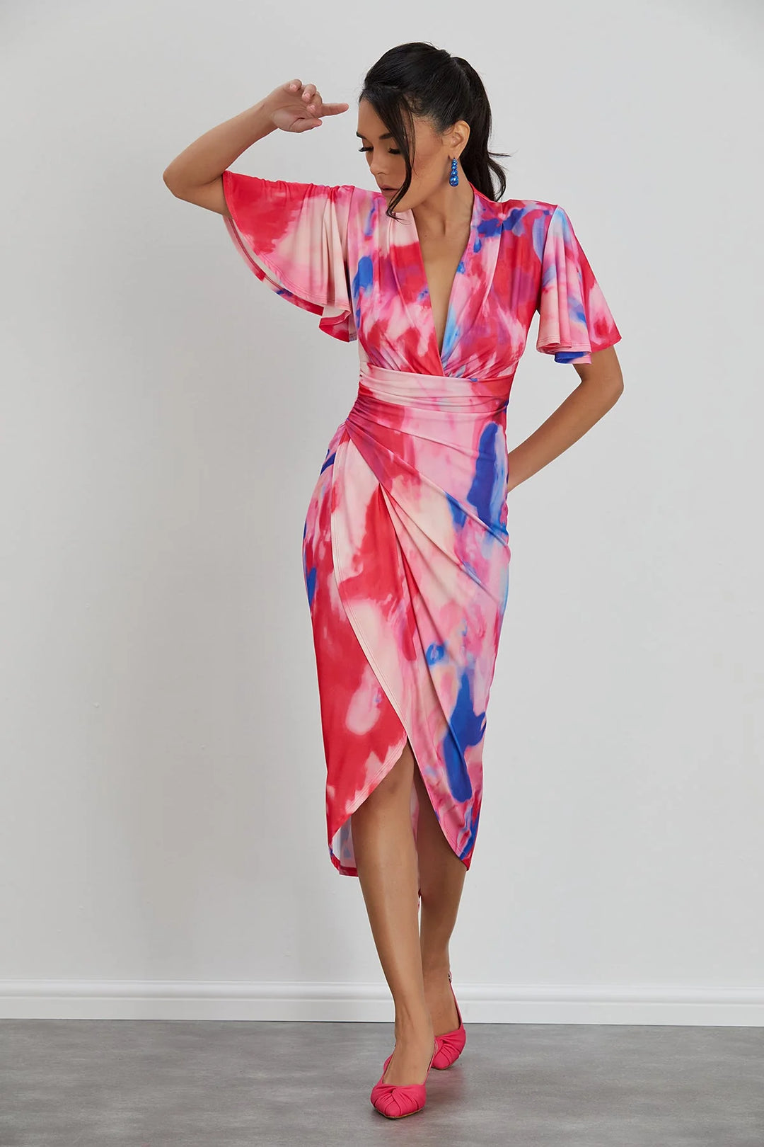 Manhattan Pink Abstract Angel Sleeve Bodycon Midi Dress