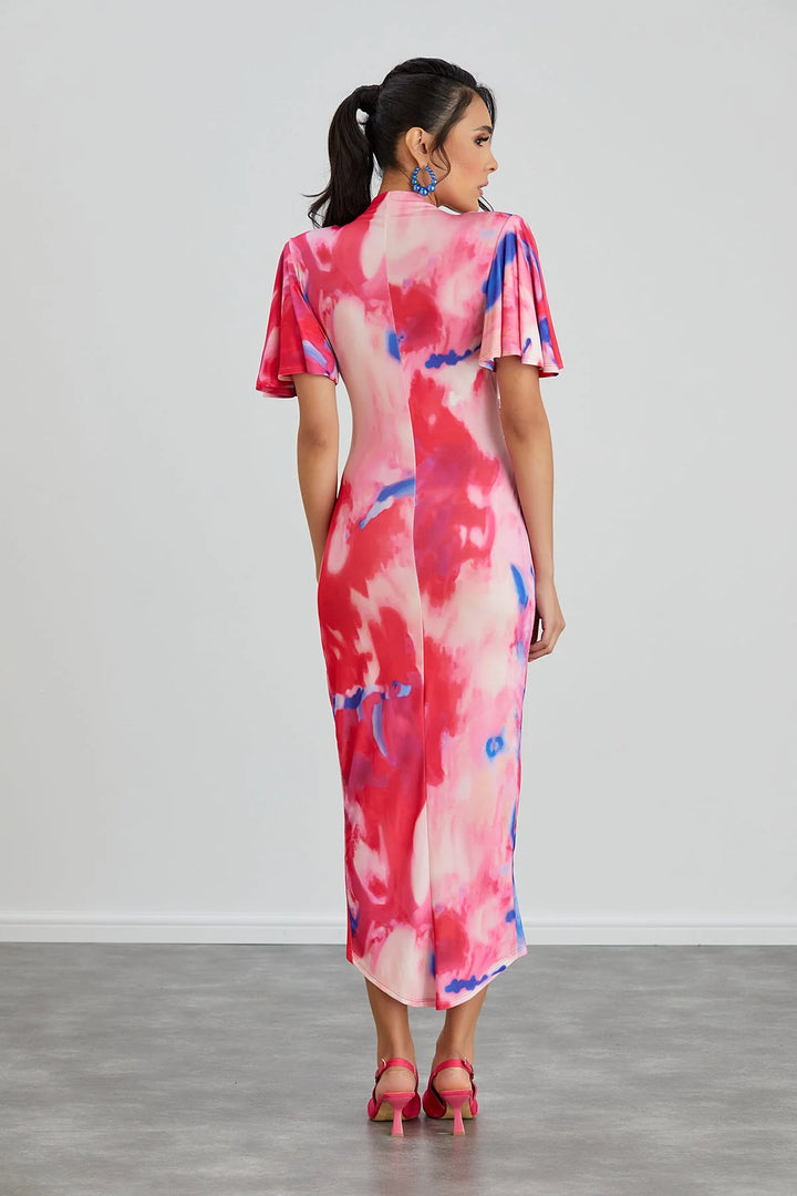 Manhattan Pink Abstract Angel Sleeve Bodycon Midi Dress