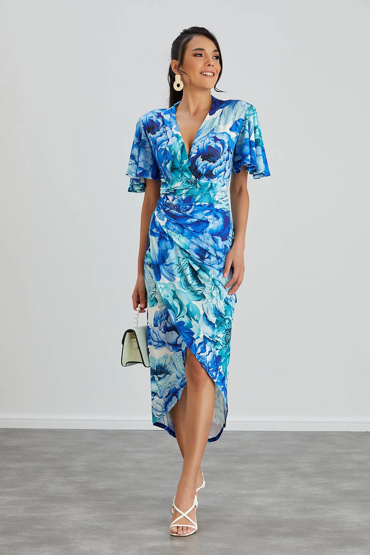 Manhattan Blue Floral Angel Sleeve Bodycon Midi Dress