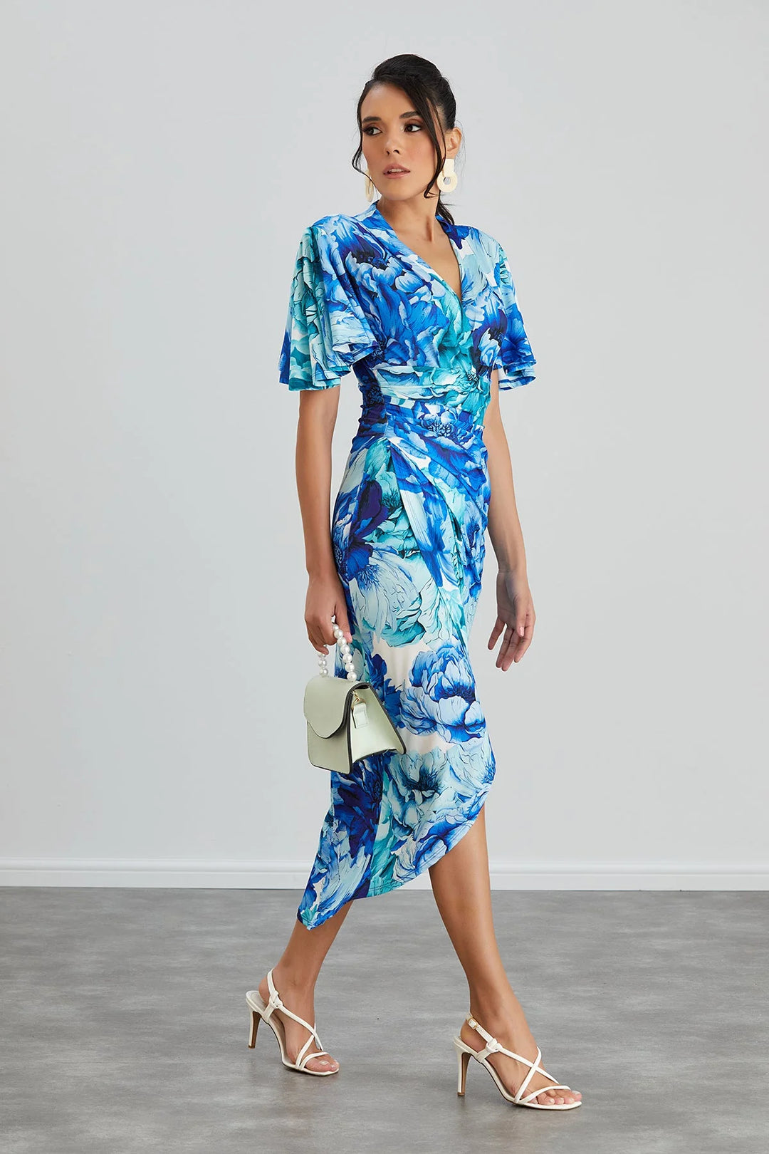 Manhattan Blue Floral Angel Sleeve Bodycon Midi Dress