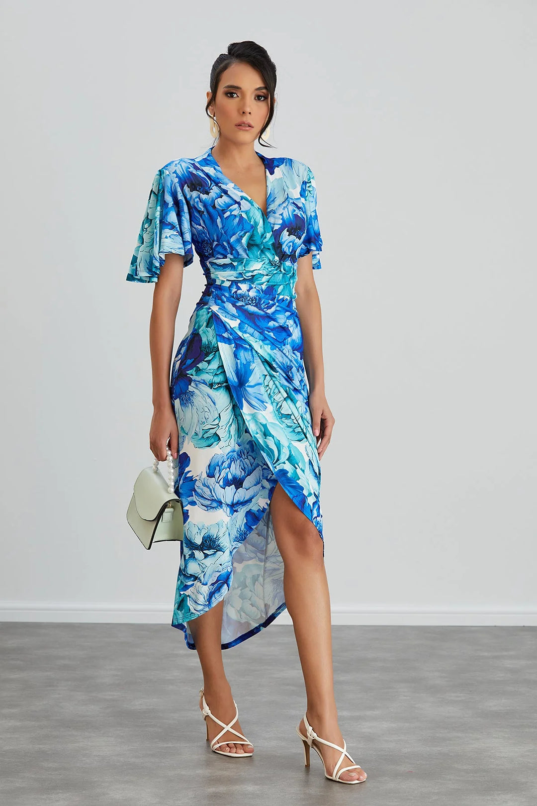 Manhattan Blue Floral Angel Sleeve Bodycon Midi Dress