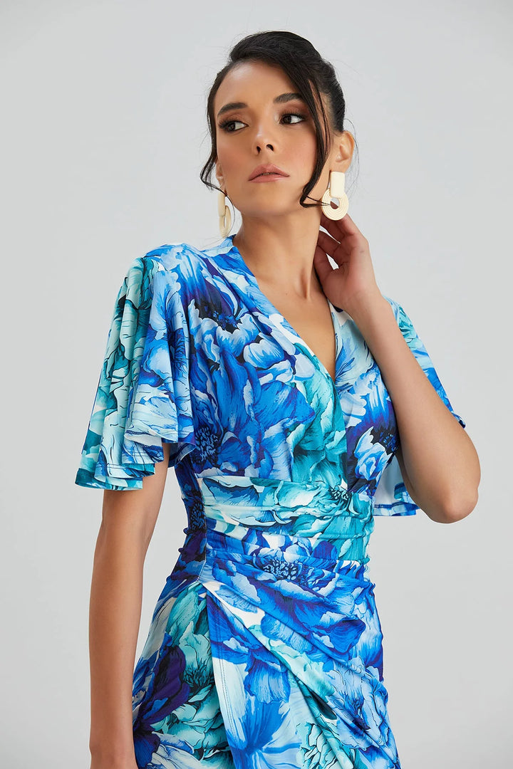 Manhattan Blue Floral Angel Sleeve Bodycon Midi Dress