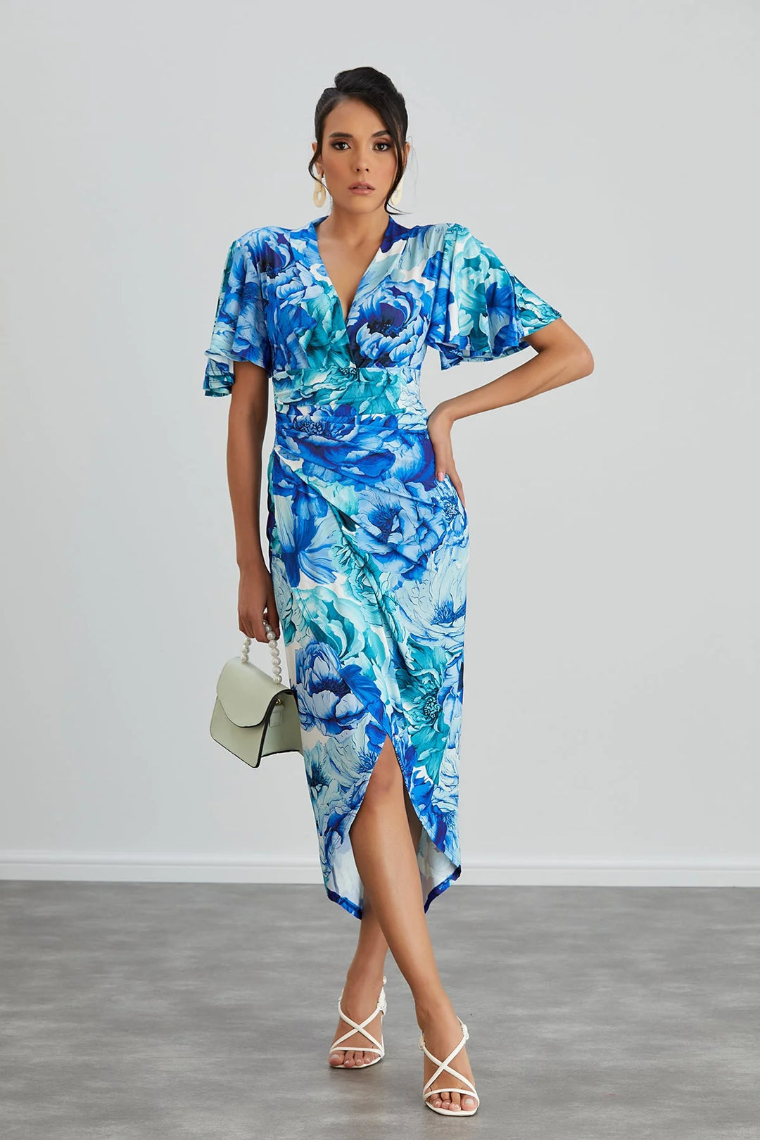 Manhattan Blue Floral Angel Sleeve Bodycon Midi Dress