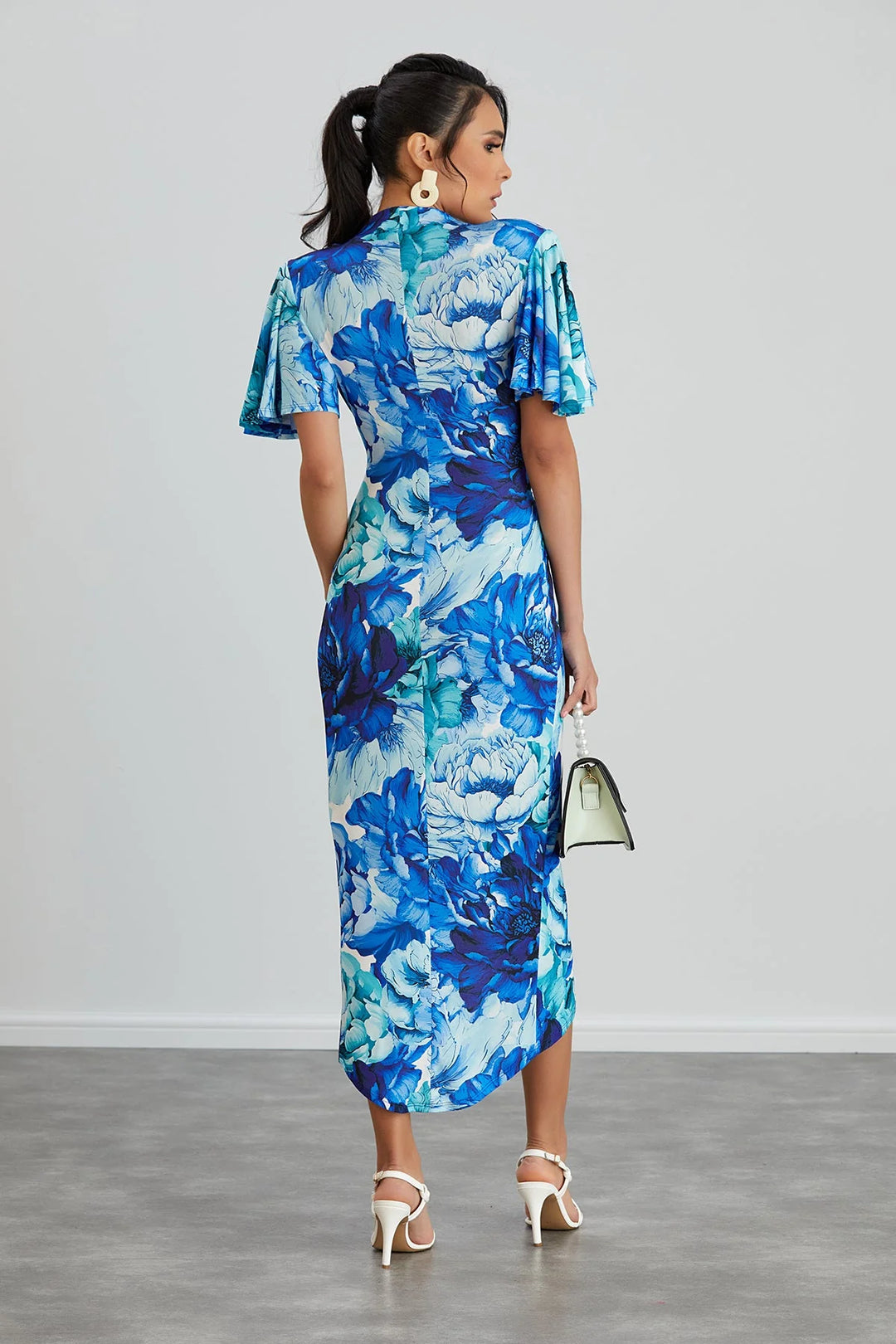 Manhattan Blue Floral Angel Sleeve Bodycon Midi Dress