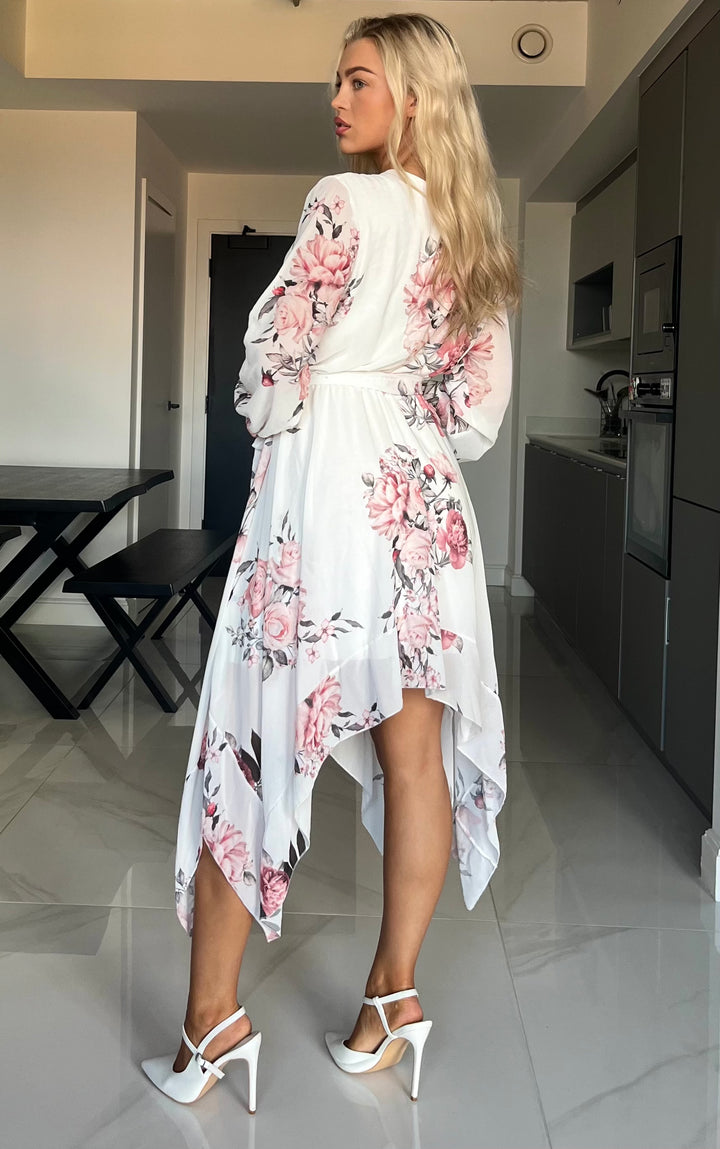 Dream Girl White Floral Waterfall Hem Chiffon Mini/Midi Dress