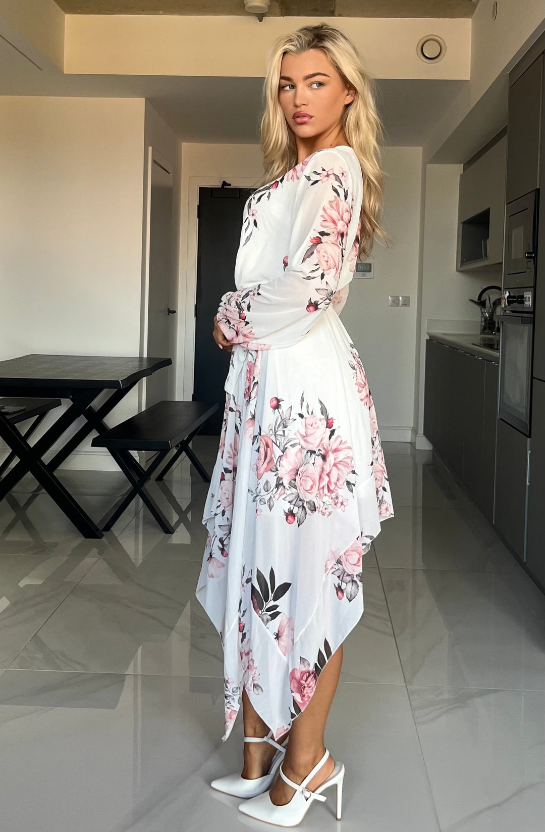 Dream Girl White Floral Waterfall Hem Chiffon Mini/Midi Dress