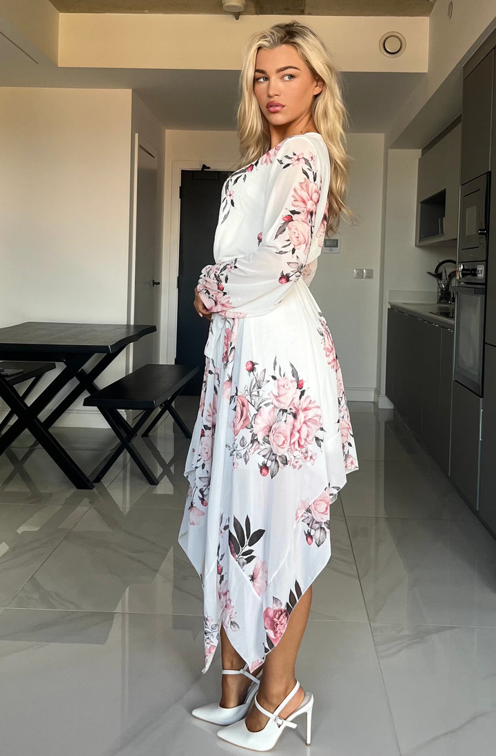 Dream Girl White Floral Waterfall Hem Chiffon Mini/Midi Dress