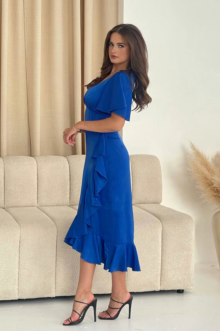 Yara Cobalt V Neck Frill Midi Dress