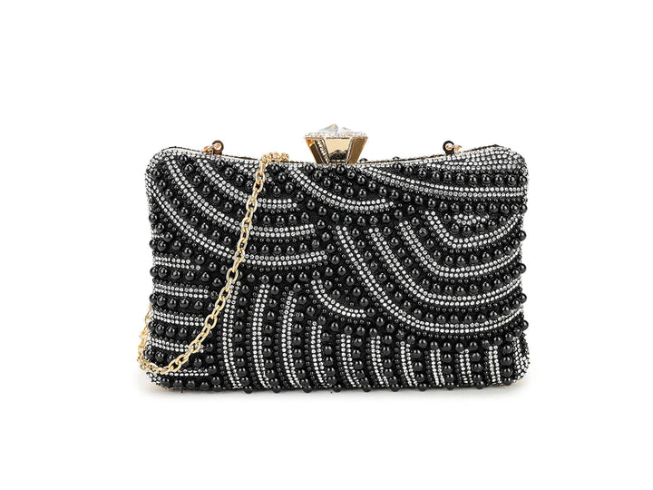 Marbella Diamante & Pearl Embellished Box Clutch Bag - Black