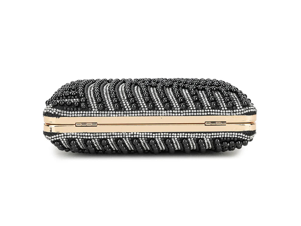 Marbella Diamante & Pearl Embellished Box Clutch Bag - Black