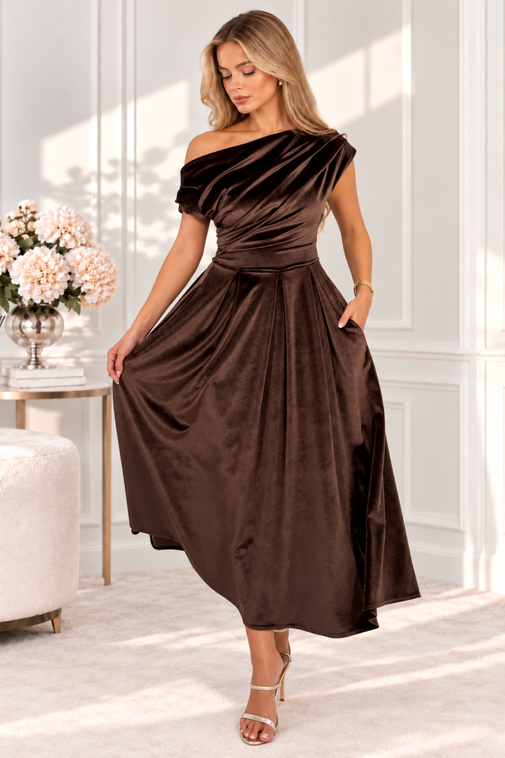 Betty Chocolate Brown Velvet Asymmetric Neckline Skater Maxi Dress With Pockets