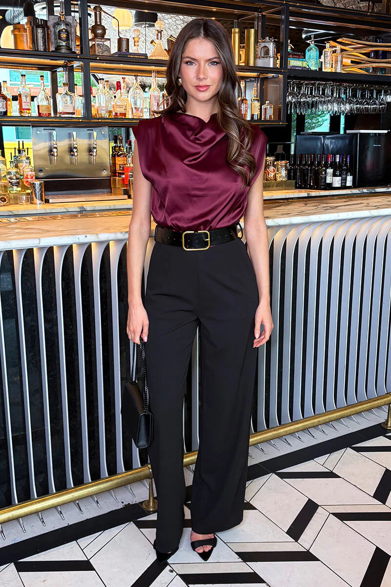 Montana Burgundy 2 in 1 Draped Neck Belted Wide Leg Jumpsuit