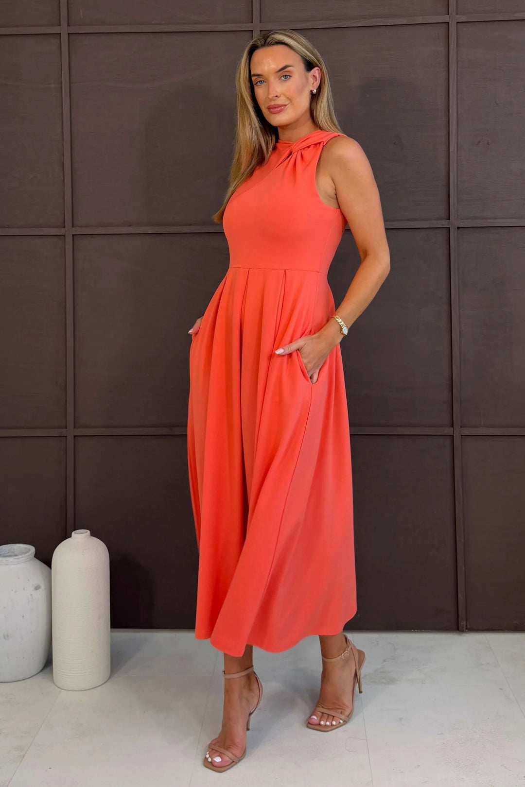 Anastasia Coral Knot Detail Midi Dress