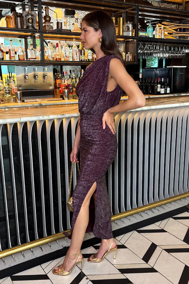 Addison Plum Sparkle Off The Shoulder Draped Top Maxi Dress