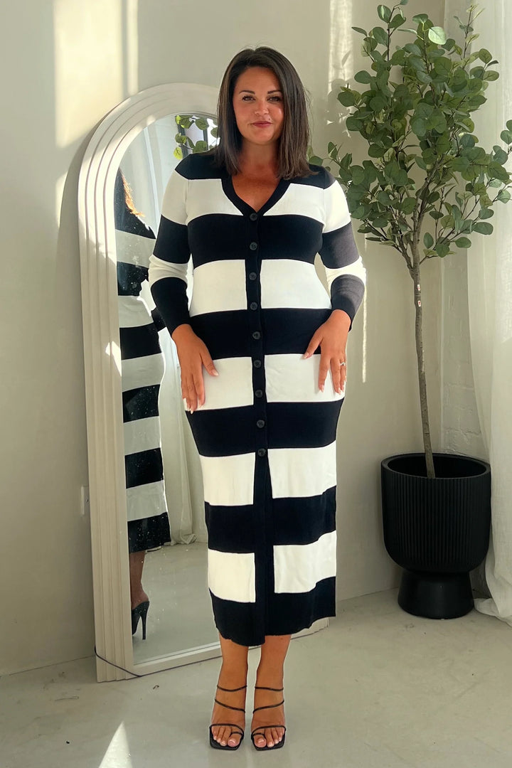 Alina Striped Longline Knitted Bodycon Cardigan Maxi Dress