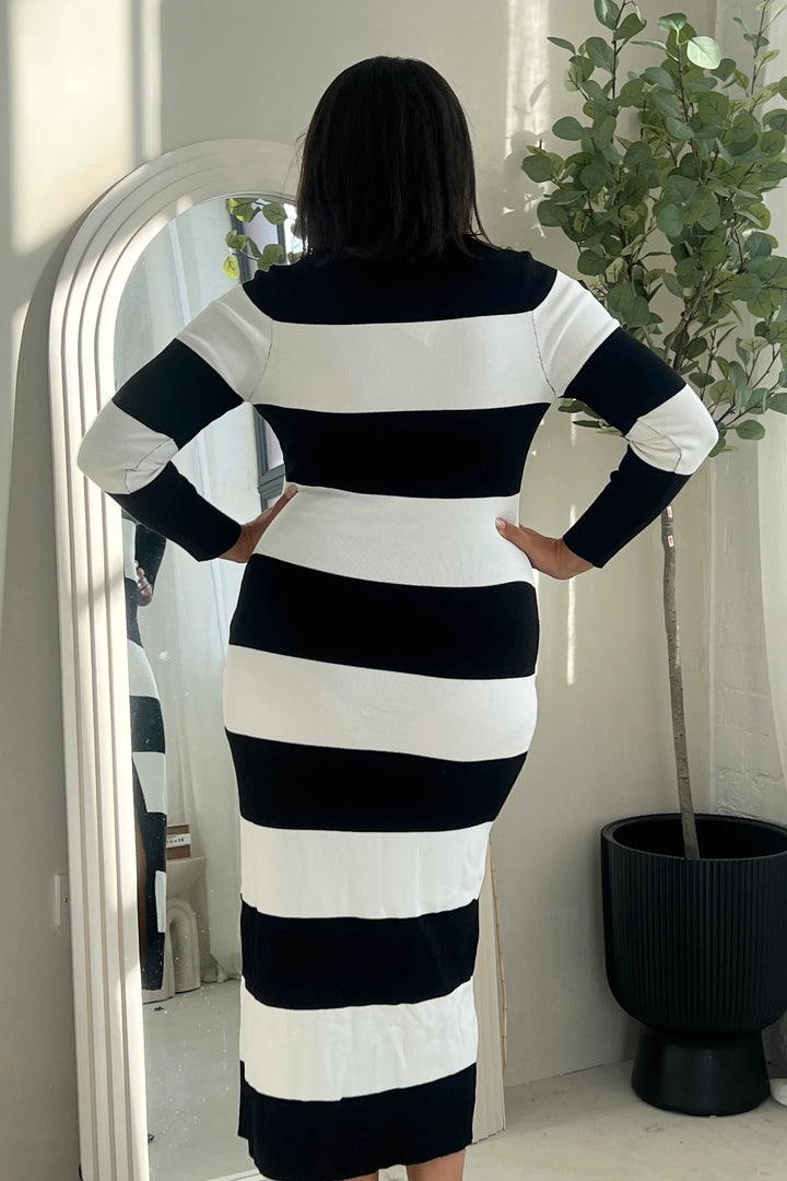 Alina Striped Longline Knitted Bodycon Cardigan Maxi Dress