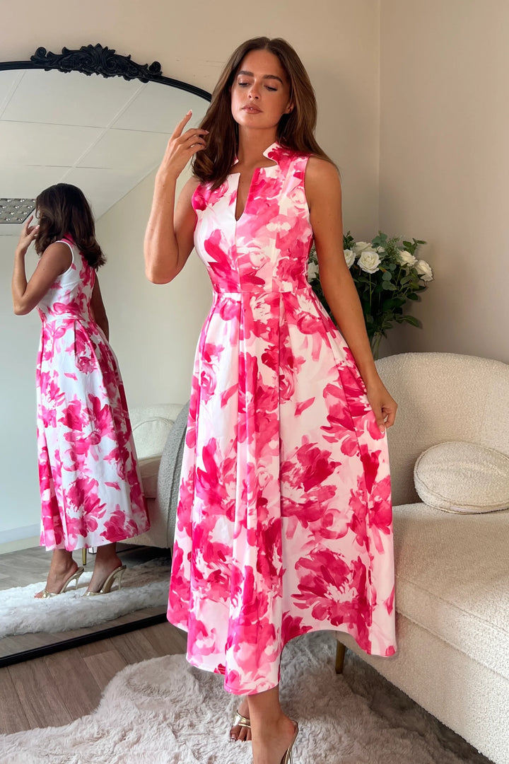 Ameya Pink Floral Notch Neck Sleeveless Midi Dress