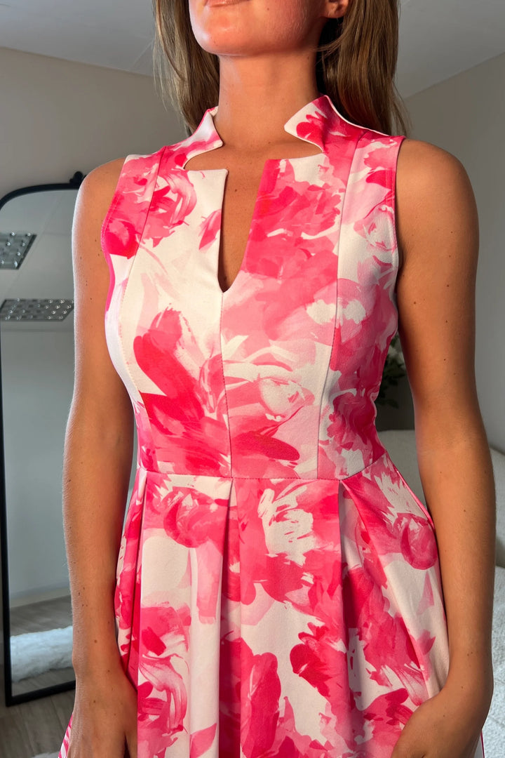 Ameya Pink Floral Notch Neck Sleeveless Midi Dress