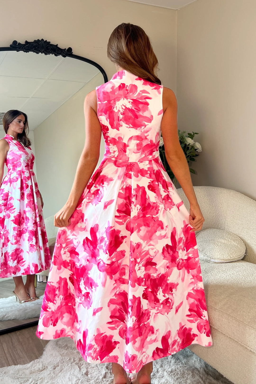 Ameya Pink Floral Notch Neck Sleeveless Midi Dress