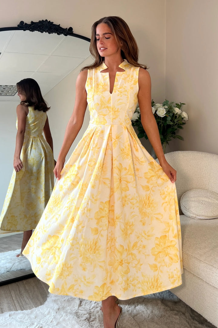 Ameya Yellow Floral Notch Neck Sleeveless Midi Dress