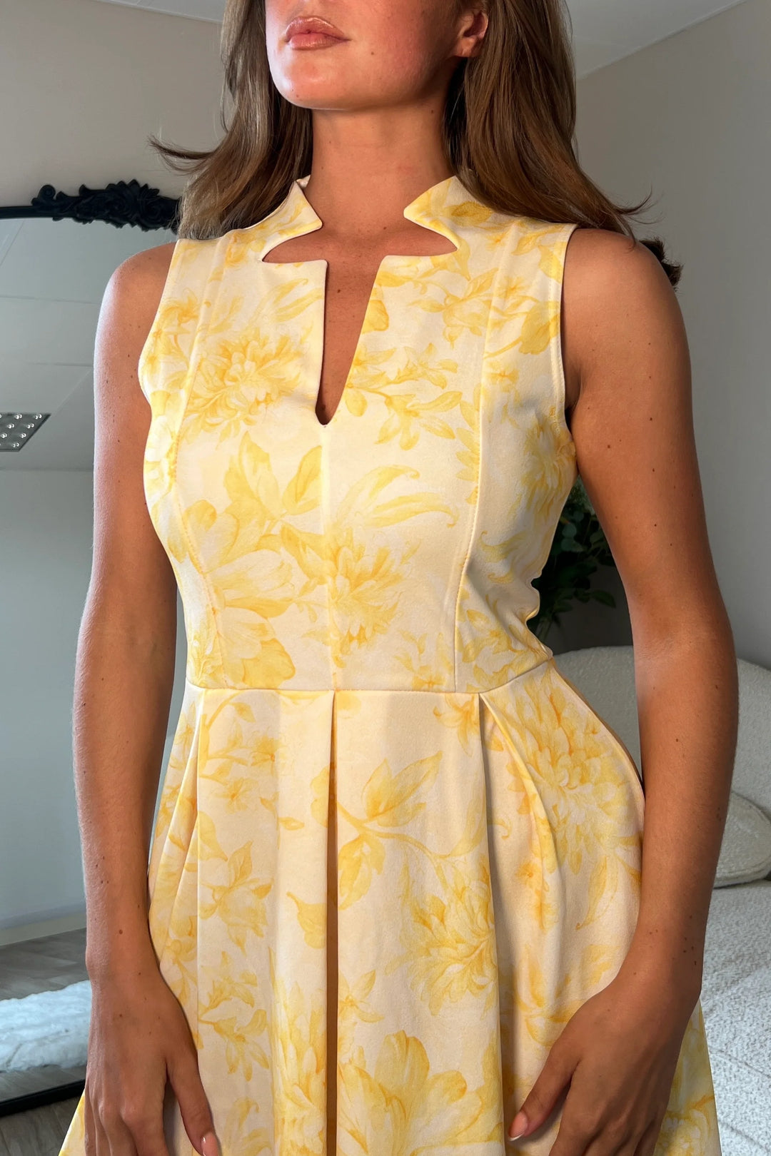 Ameya Yellow Floral Notch Neck Sleeveless Midi Dress