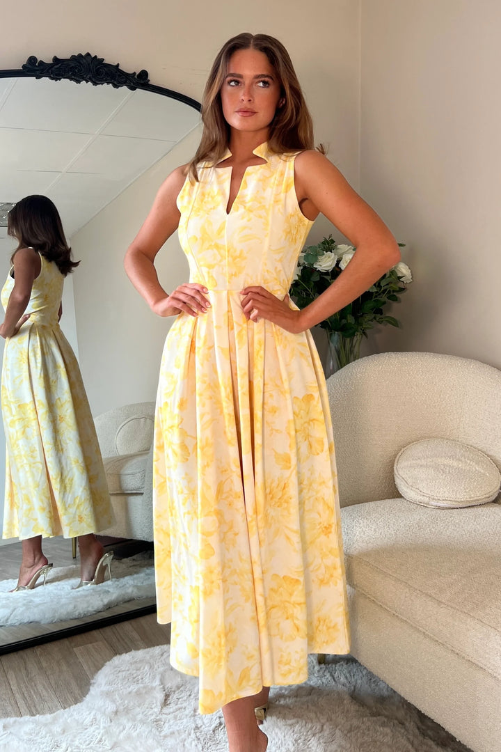Ameya Yellow Floral Notch Neck Sleeveless Midi Dress