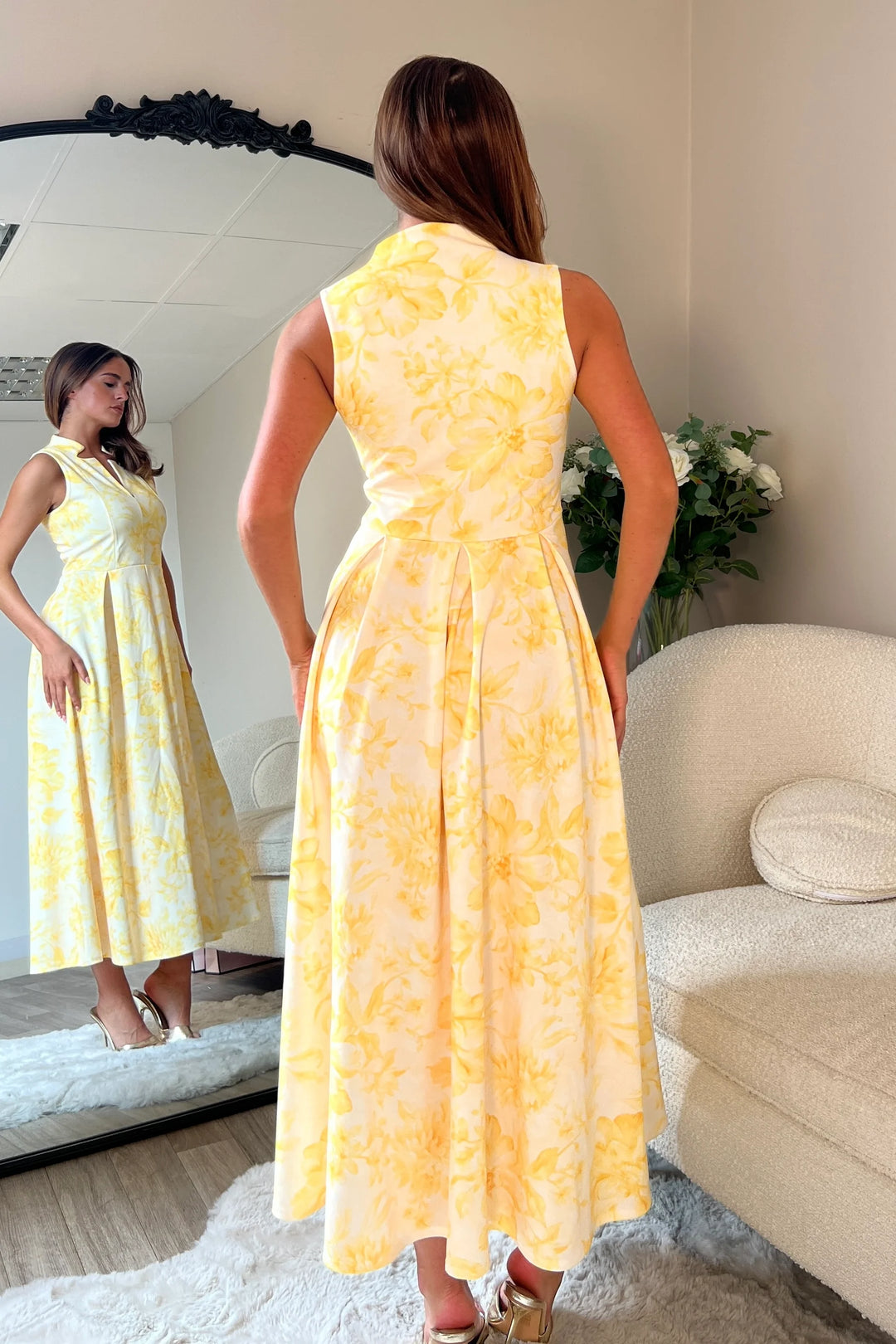 Ameya Yellow Floral Notch Neck Sleeveless Midi Dress