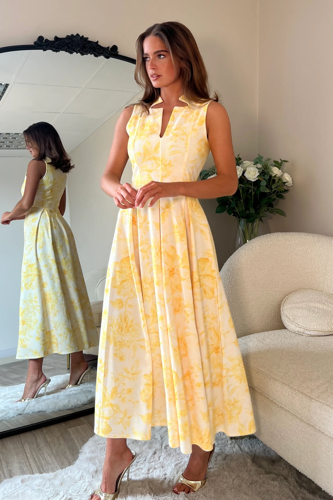 Ameya Yellow Floral Notch Neck Sleeveless Midi Dress