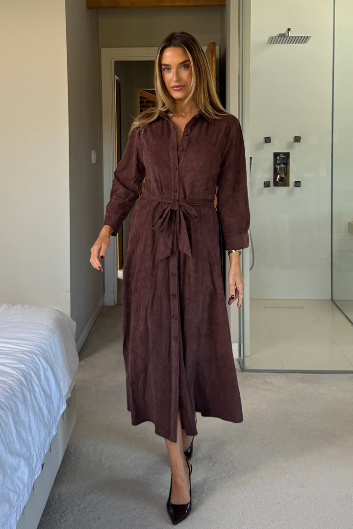 Angela Chocolate Suede Long Sleeve Maxi Shirt Dress With Pockets