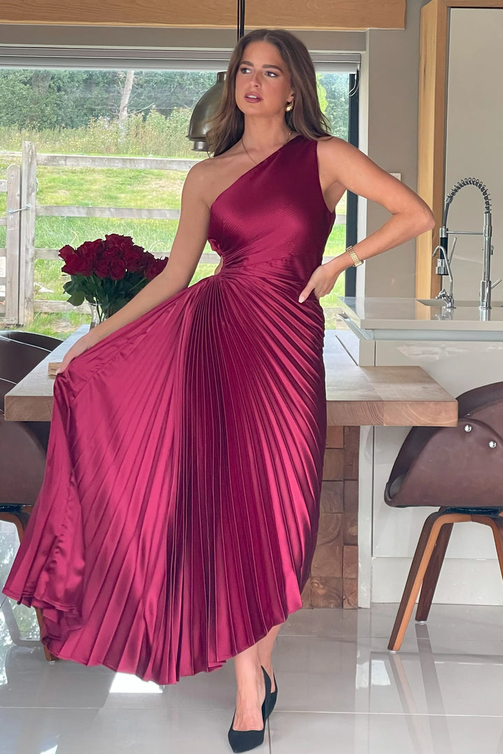 Aoife Berry Red One Shoulder Cut Out Pleated Midi Dress