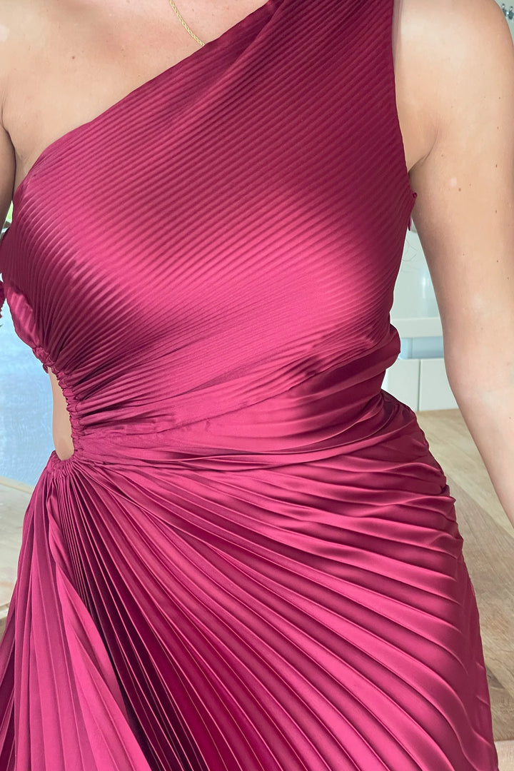 Aoife Berry Red One Shoulder Cut Out Pleated Midi Dress