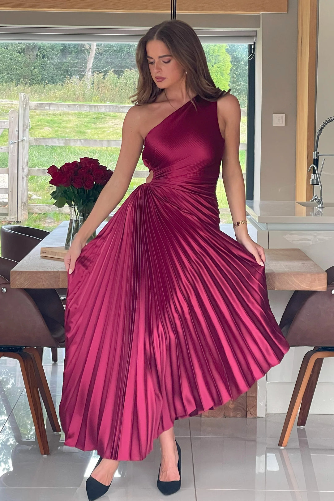 Aoife Berry Red One Shoulder Cut Out Pleated Midi Dress